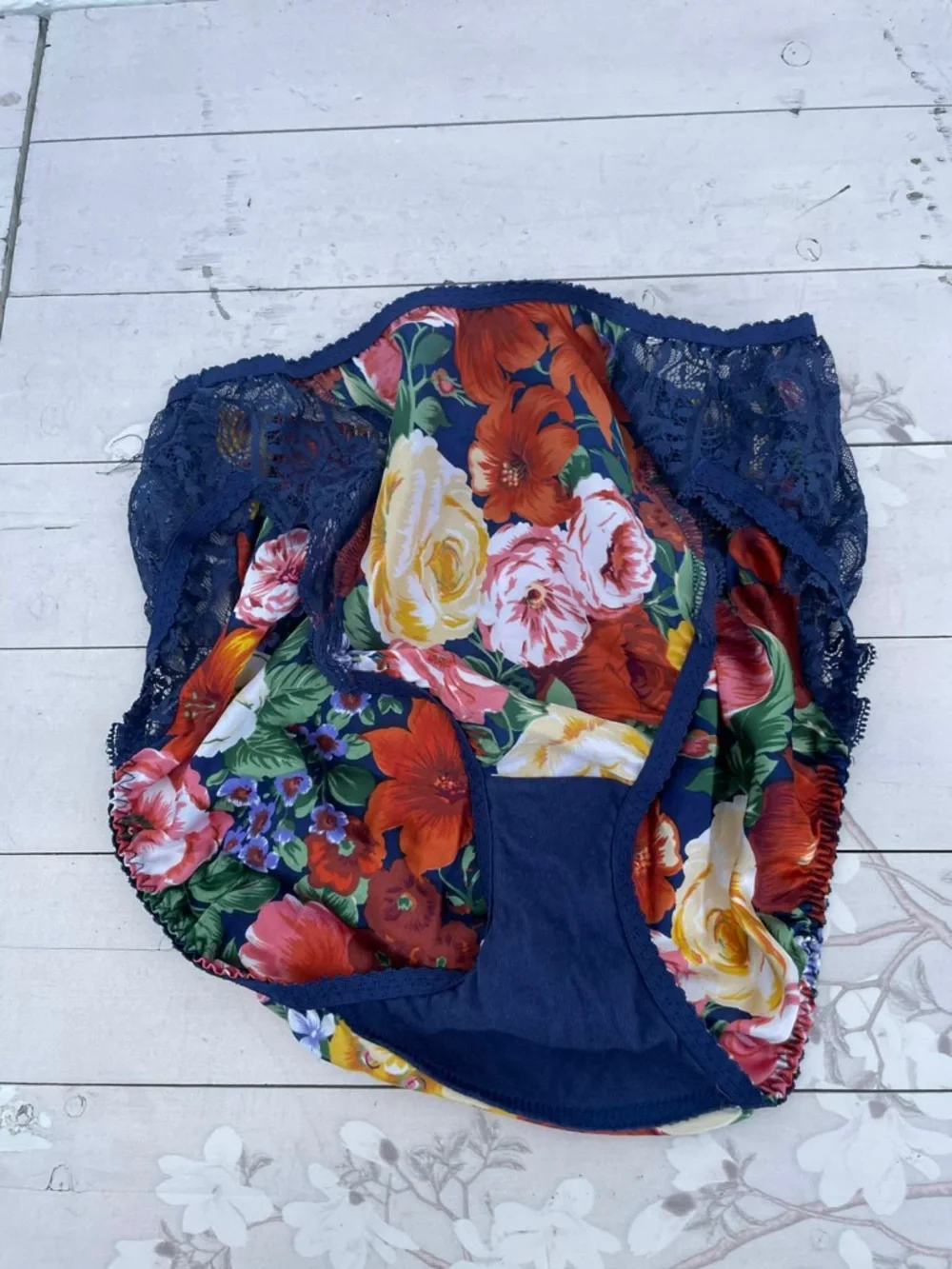 Oscar de la Renta Navy Floral Lace Trim Panties